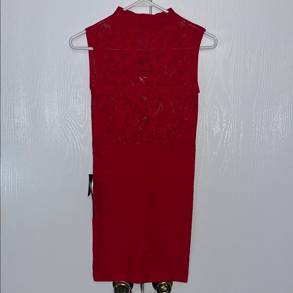 Bebe Mock Neck Twofer Red Bodycon Dress